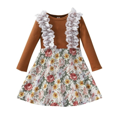 

ASEIDFNSA Girls Fancy Dresses Frilly Girl Dresses Toddler Kids Girls Fashionable Lace Floral Prints Long Sleeves Ribbed Princess Dress
