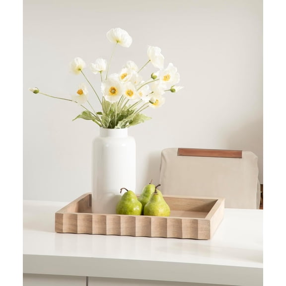 Lissi Decorative Rectangle Tray with Wavy Design; 16 x 12; Natural Wood; Modern Scalloped Serving Tray for Coffee Table Ottoman; Dining Table; or Entryway Catch-All Tray