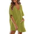 thumbnail image 2 of ABATAB Rompers for Women Half Sleeve V Neck Ruffle Jumpsuits Casual Dressy Loose Fit Solid Rompers with Pockets, 2 of 7