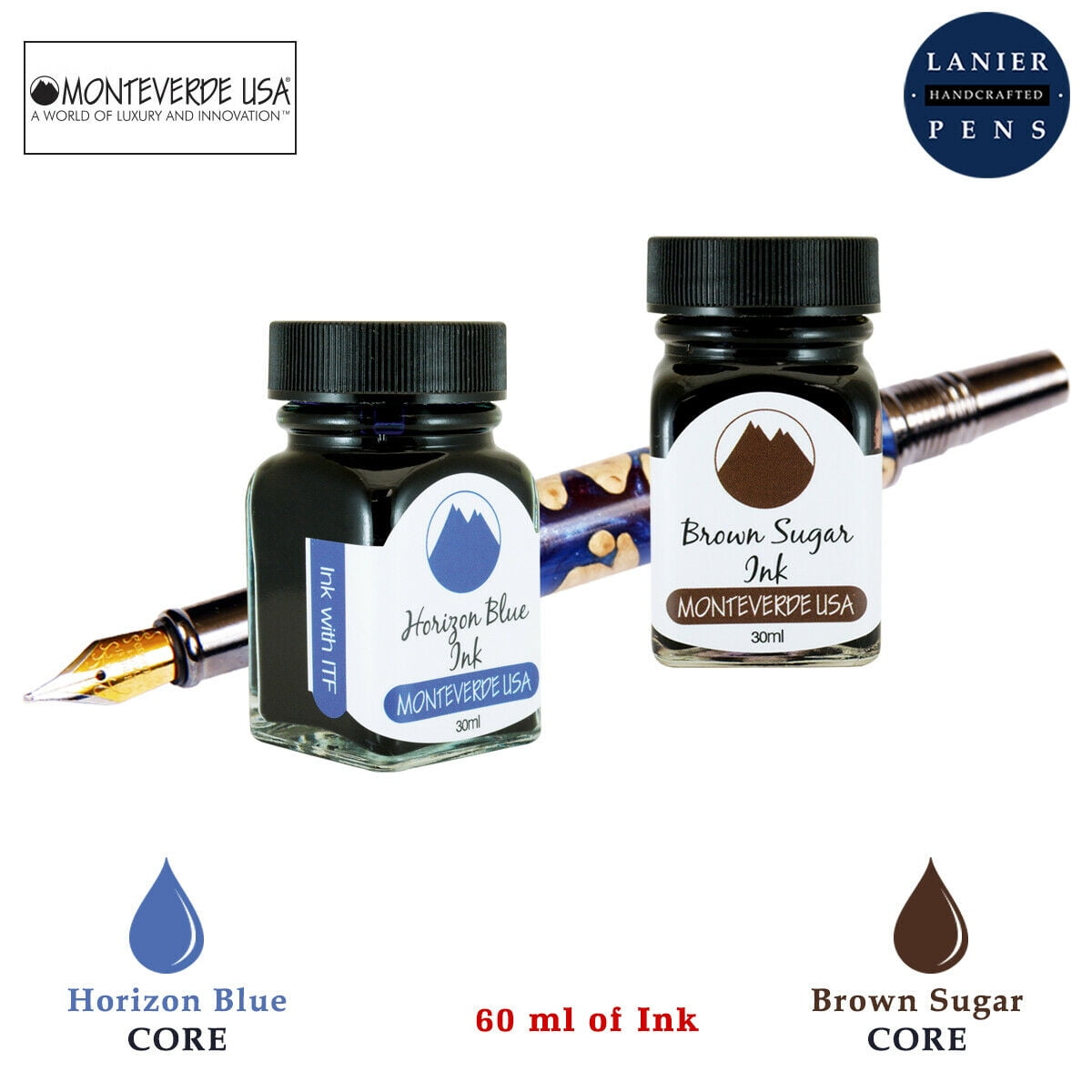 Monteverde 60ml Core Fountain Pen Ink Bottle (30ml Horizon Blue Ink Bottle G309HB, 30ml Brown Sugar Ink Bottle G309BS)