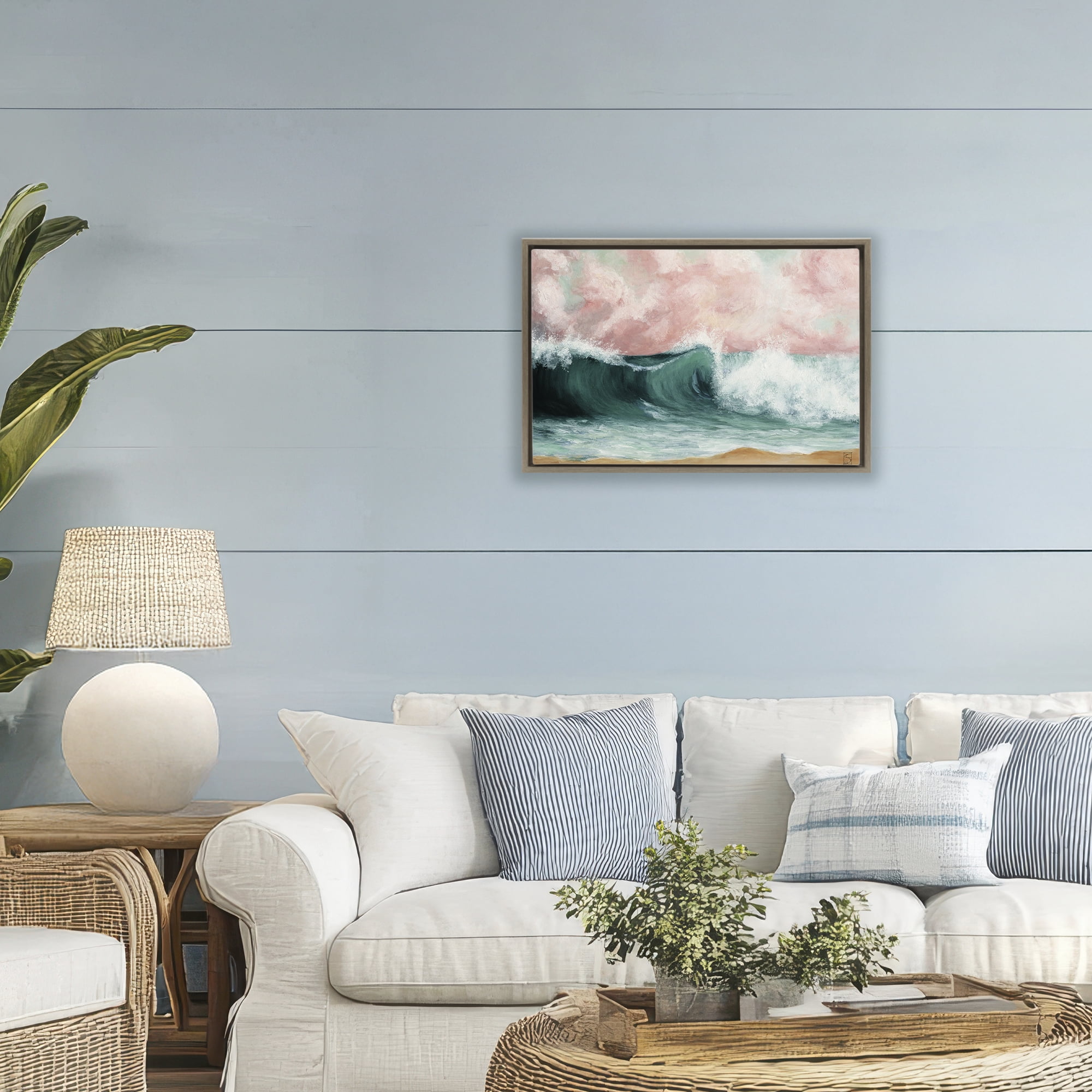 Crashing Seascape Waves Brown Framed Floater Canvas Wall Art, design by Sara Culpepper