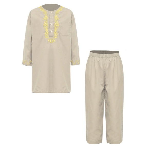 iiniim Boys Muslim Clothing Kaftan Middle East Youth Embroidered Top with Pants Suit Arabic Wear Khaki 130