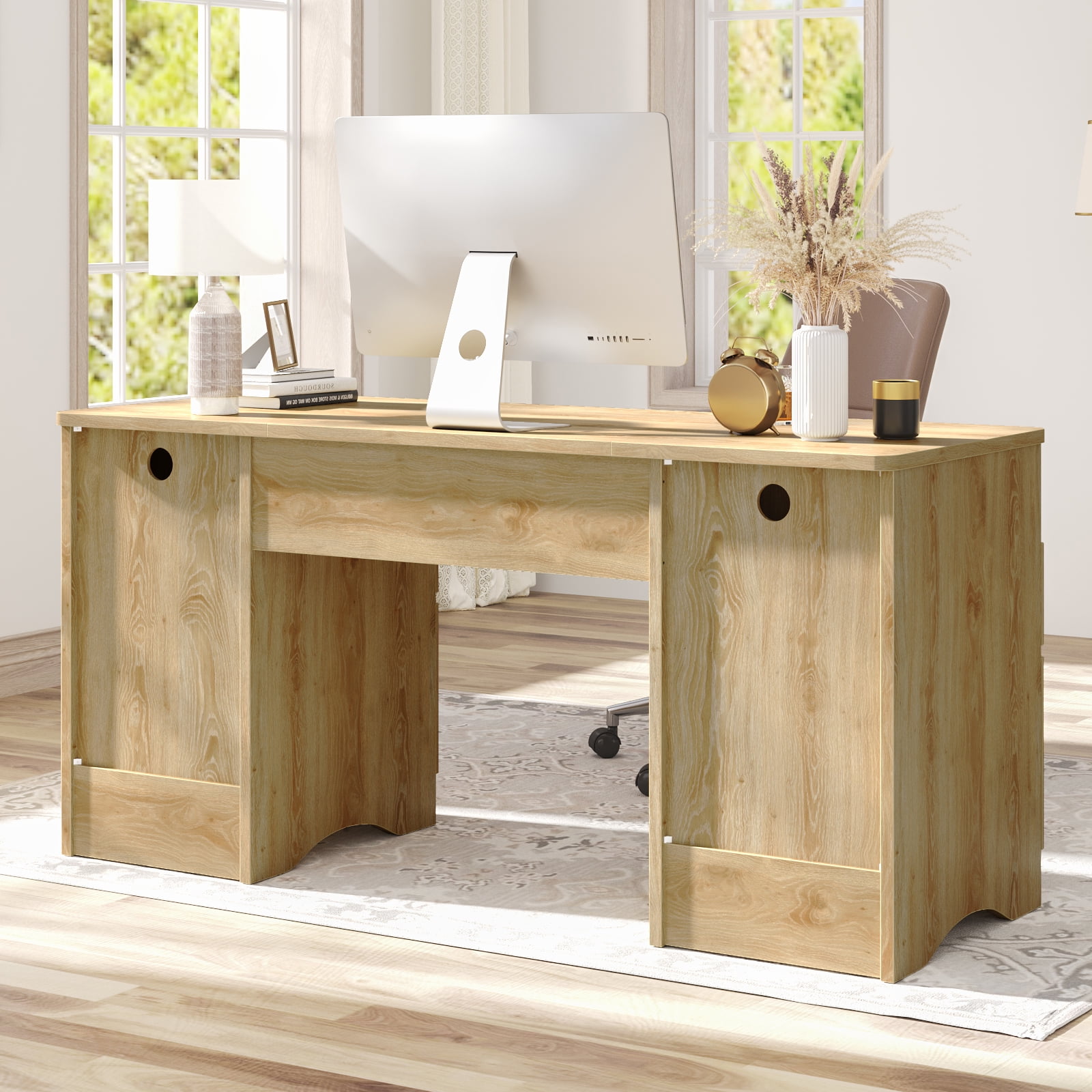 Bestier 59" Home Office Computer Desk with Keyboard Tray and Storage Drawers, Modern Executive Desk for Writing Reading, Oak