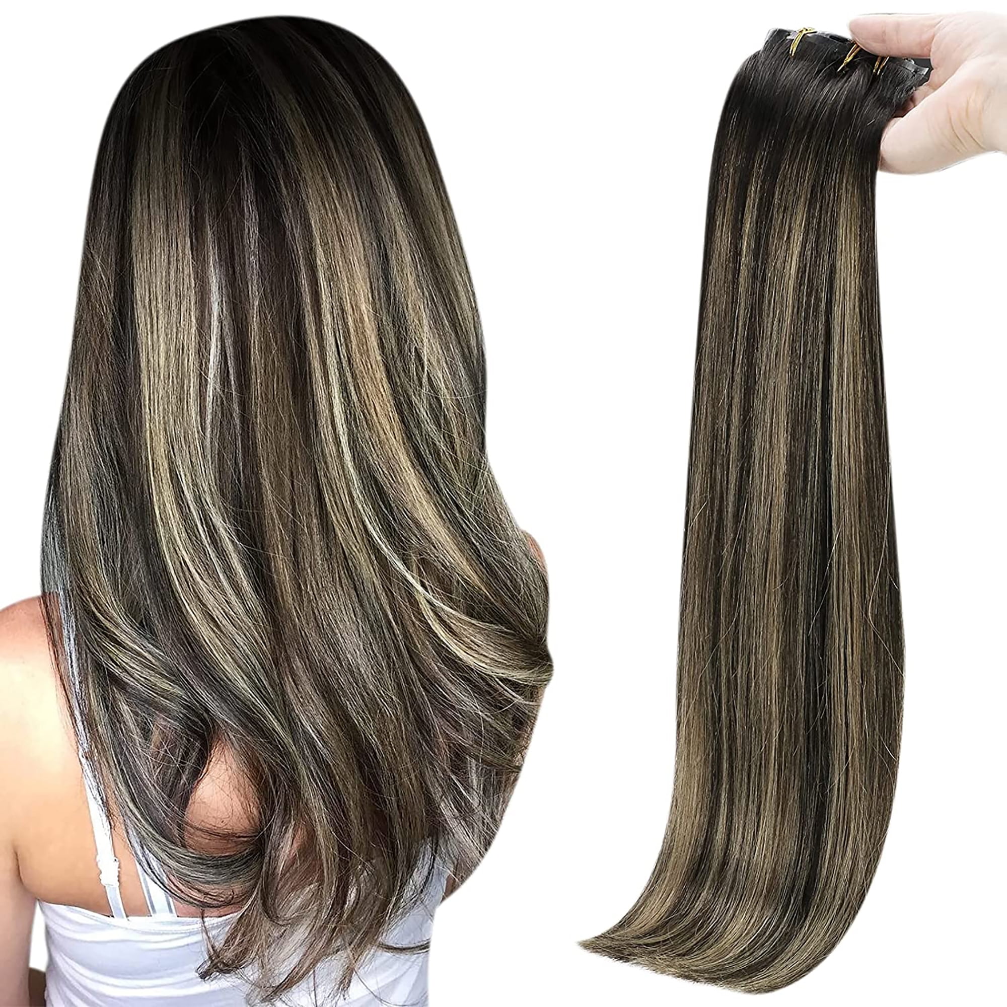 Full Shine Seamless Clip in Hair Extensions Human Hair 22 inch Balayage off  Black Ombre Clip in Remy Hair 8 Pcs 