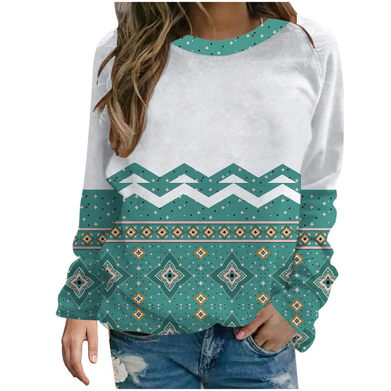 amidoa Women Fashion Aztec Print 2022 Y2k Shirts Crew Neck Long Sleeve Cute  Pullover Ethnic Aesthetic Loose Fit Fall Clothes - Walmart.com