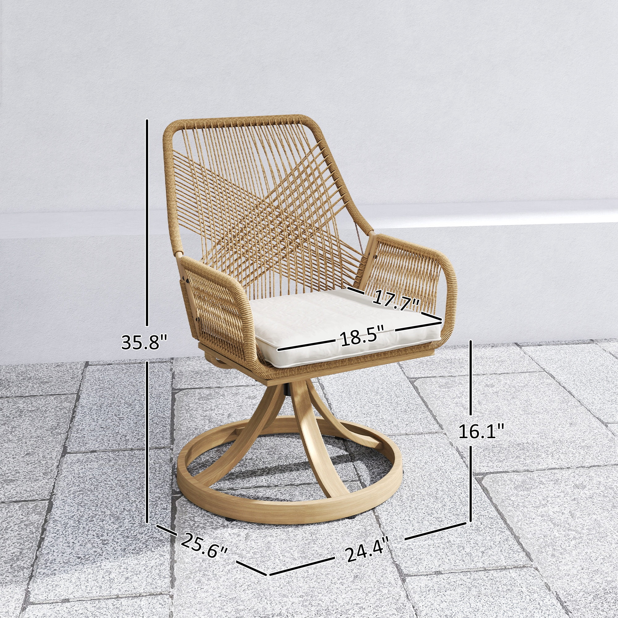 Outsunny Outdoor Patio Swivel Chairs Set of 2, Rattan Patio Dining Chairs with Soft Cushions and Metal Frame for Backyard, Lawn, Porch, Garden, Khaki