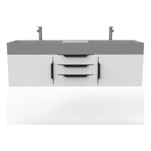 Amazon 60" White Wood Floating Vanity with Gray Top and Black Trim