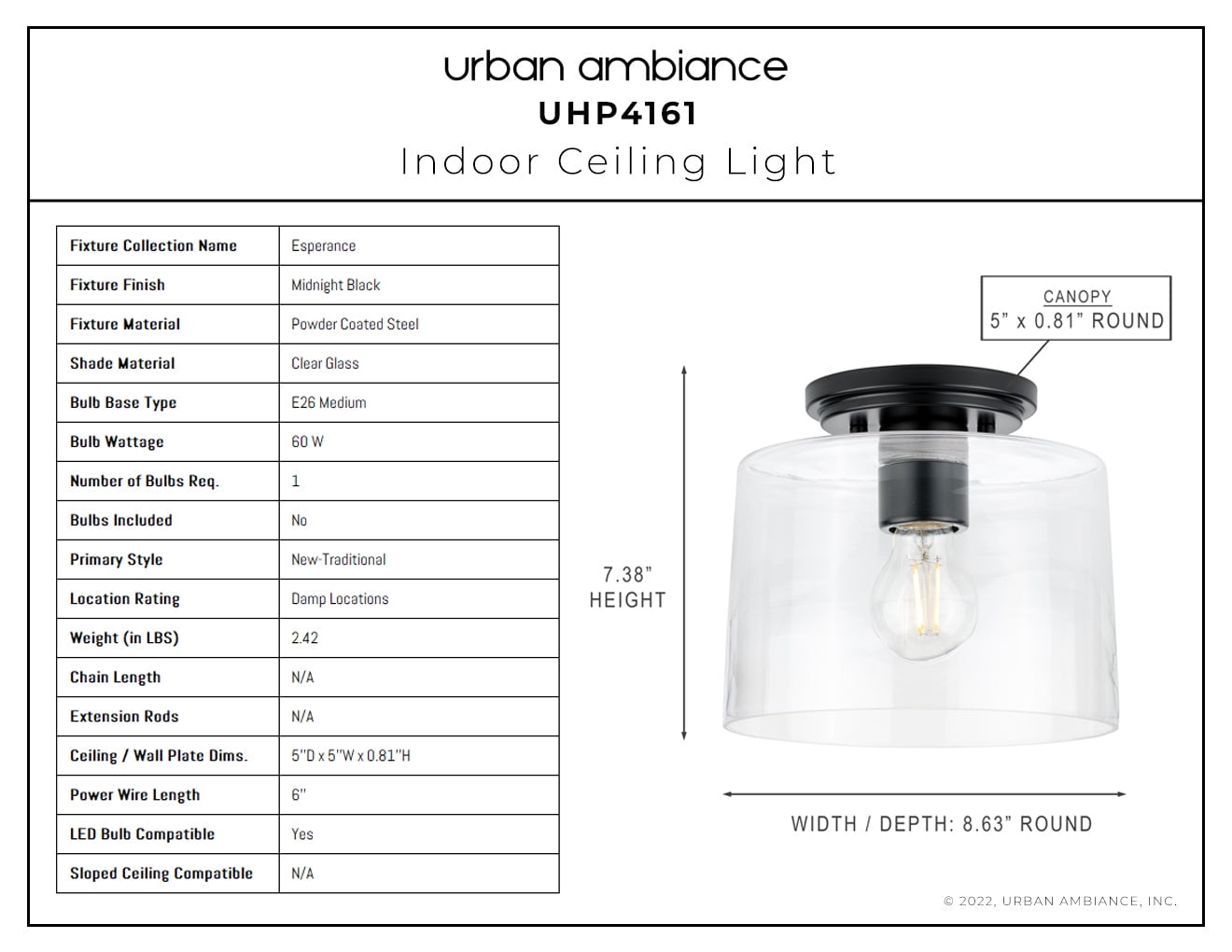 Luxury Traditional Ceiling Light, 7.375H x 8.625W, with Transitional Style, Polished Nickel, UHP4161 by Urban Ambiance