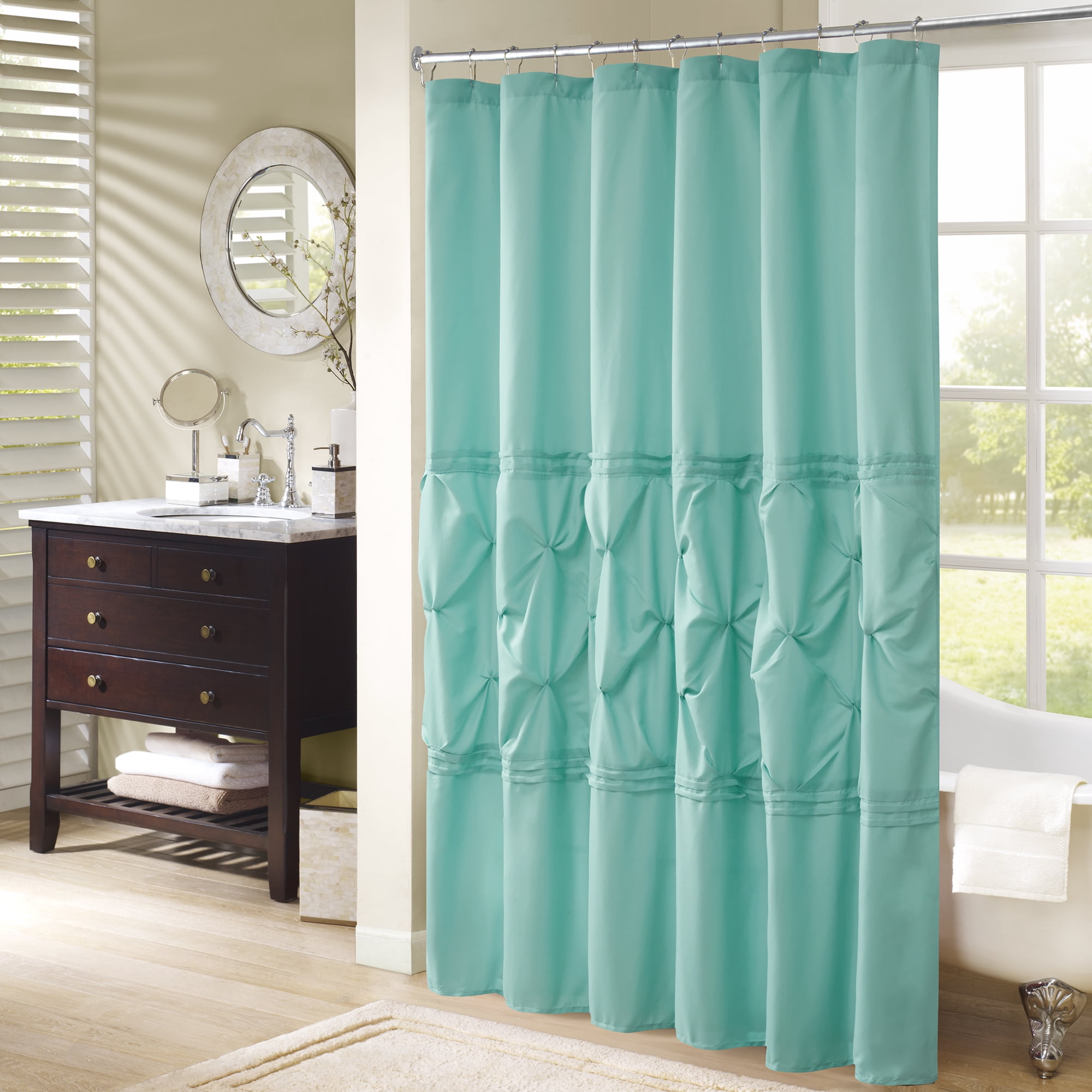Comfort Spaces Cavoy Tufted Ruffle Shower Curtain, 72x72", Aqua