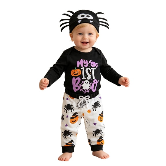 Glisme Girls Outfit Set Letter Print Long Sleeve Crew Neck Tops With Graphic Pants Outfit Halloween Breathable Girls Set Size 9-12 Months Black