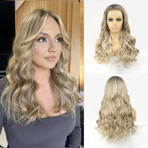 HAPPY&CC 13x4 HD Transparent Lace Front Ombre Blonde Long Wave Synthetic Wig with Natural Hairline, Adjustable Cap