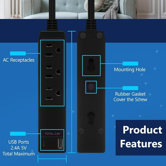 GHRTGR-Outlet Extender with 3 Receptacles, 12W USB Type-A, and USB Type-C, Ultra-Thin Wall Plate Plug with Cord Extender, 3-Outlet Power Strip, Flat-Face, Slim Design, ETL-Listed, 3ft Cord, Black