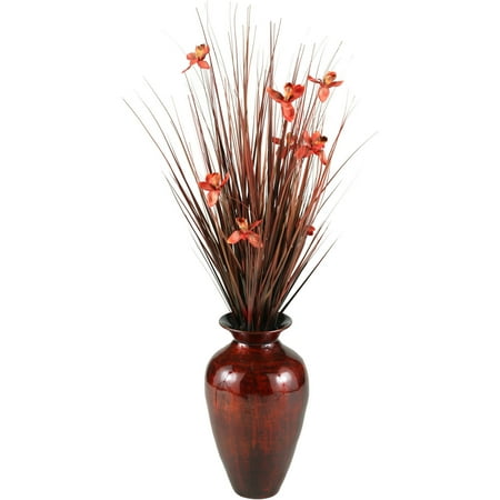 Red Bamboo - D&W Silks Brown Ting with Red Blossoms in Red/Gold Spun Bamboo Vase