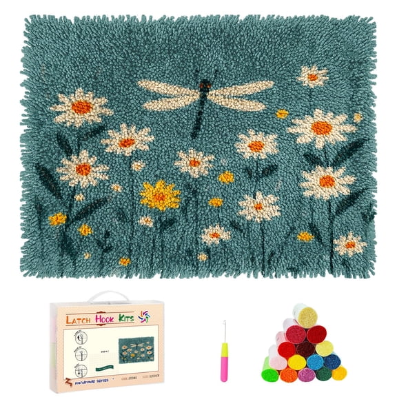 DIY Latch Hook Rug Kits Cartoon Dragonfly and Daisy Flower Stamped Non-slip Mat Crochet Yarn Hook and Latch Emboridery Tapestry for Home Floor Decor and Pet Warm Cushion 52x38cm(4)