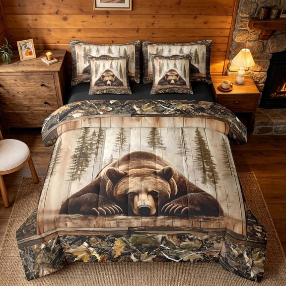 meiyoeat Rustic Cabin Bear Bedding Comforter Set, Vintage Farmhouse Queen Bedding Sets, Brown, Black Reversible 7-Piece