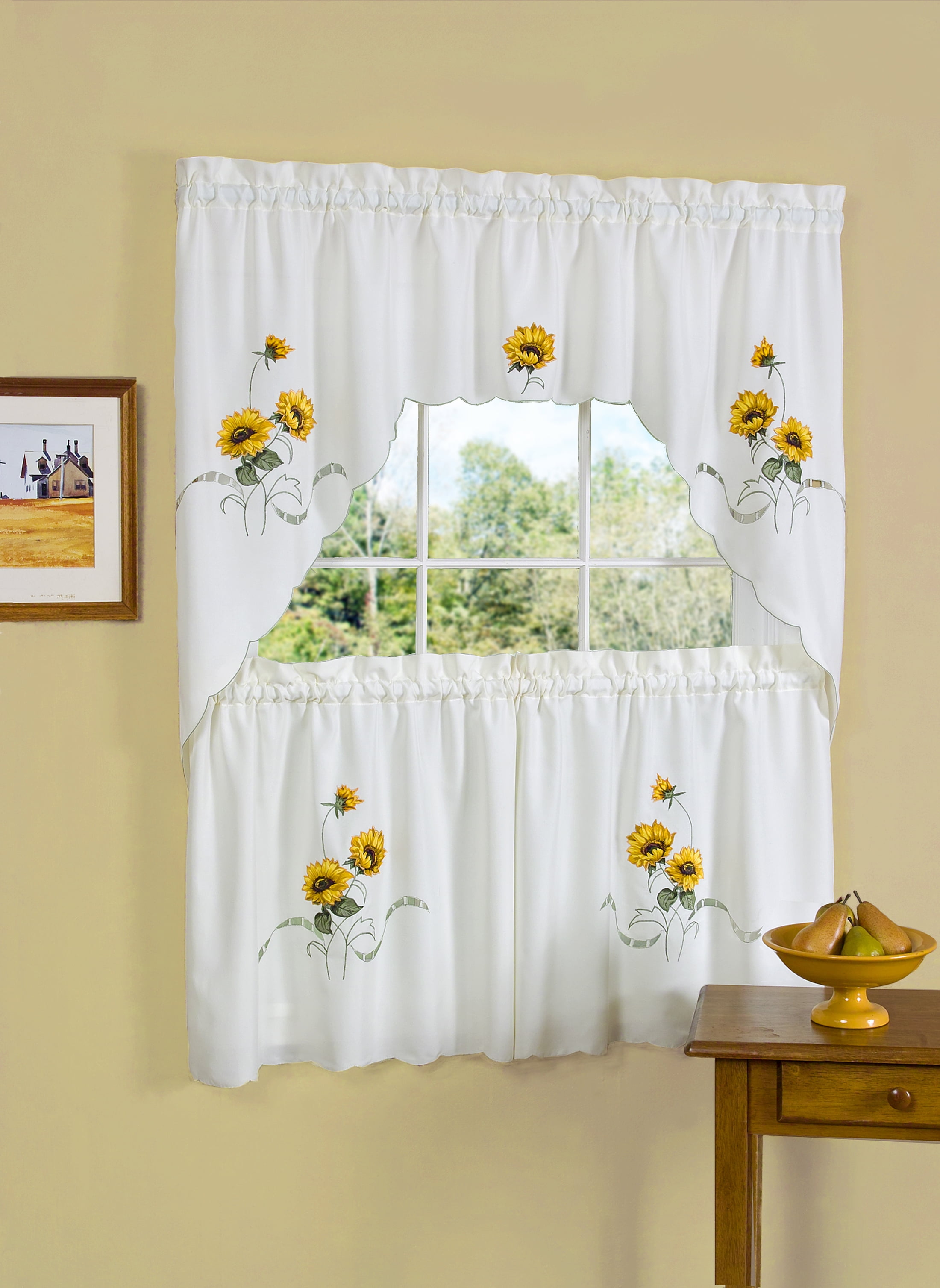 GOLD SUNFLOWERS BRIGHTER & SOFTER 3pcs voile kitchen curtain/ cafe curtain set 