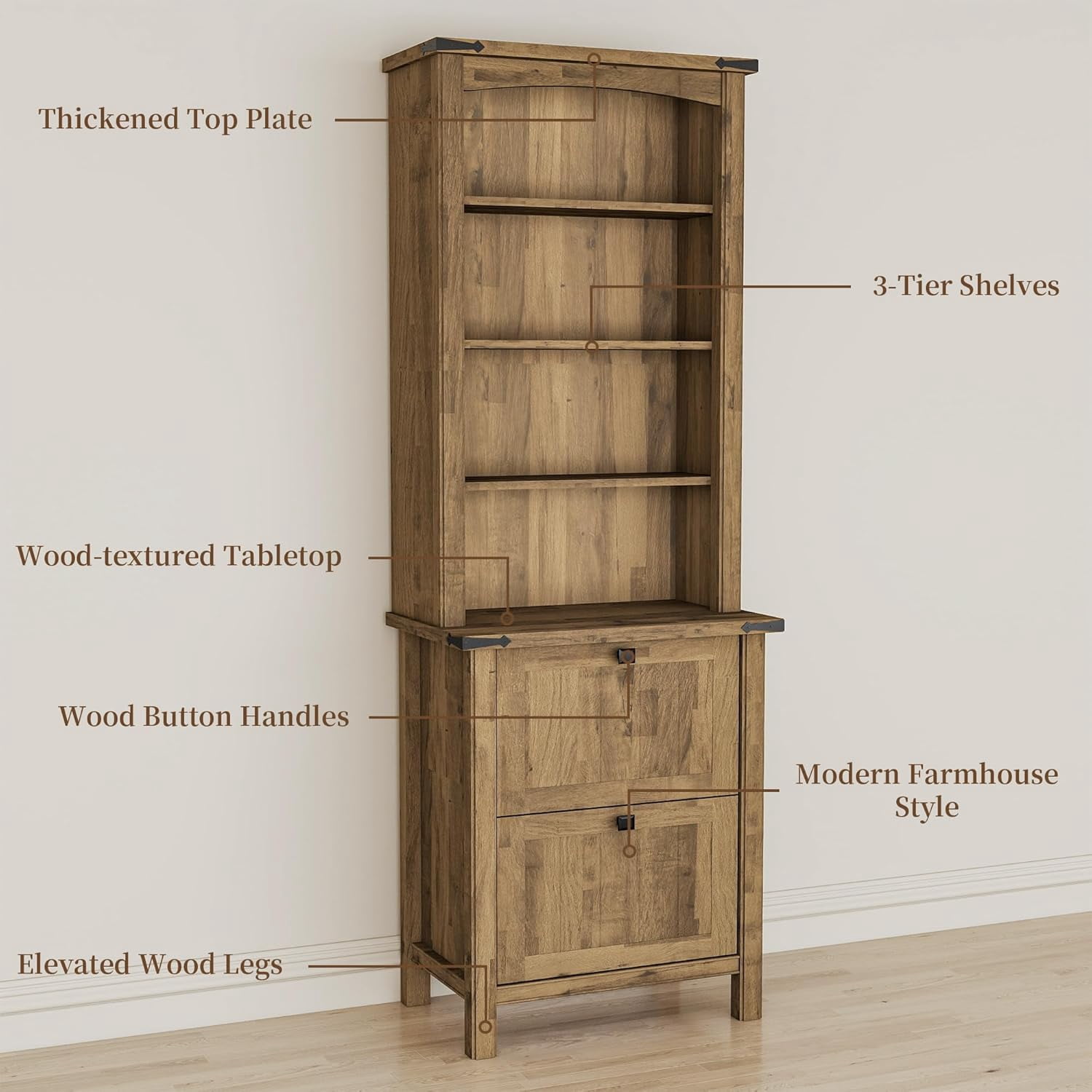 FIAKOA Bookshelf Set of 2, 71" Tall Rustic Wood Bookcases with Adjustable Shelves and File Drawers, Farmhouse Bookshelves for Home Office or Living Room(Natural Wood)