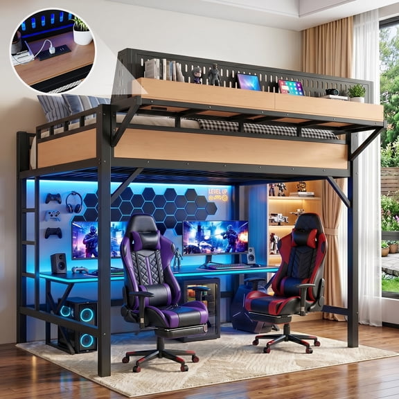 Aukfa Queen Size Metal Loft Bed with USB Charging Ports, LED Lights & Bedside Shelves, Space-Saving Bed Frame for Kids & Adults, Natural