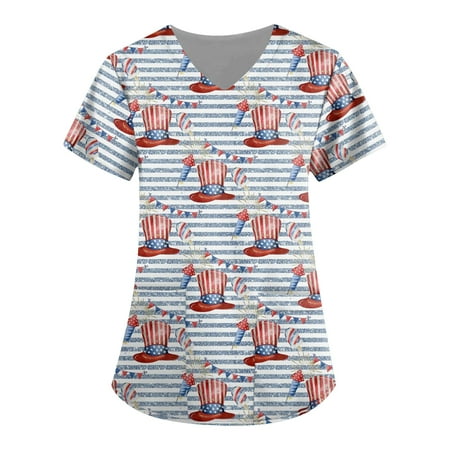 

Sksloeg Scrub Tops Women Plus Size 4th Of July American Flag Print Patriotic Tops Nursing Working Uniform Short Sleeve V-Neck T-Shirts with Pockets Light Blue M
