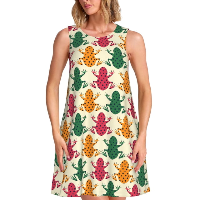 Fotbe Colorful Frogs Vestido de Verano sin Mangas para Mujer – Vestido Midi Línea A, Estilo Camiseta Floral, Vestido Playero Casual y Fluido