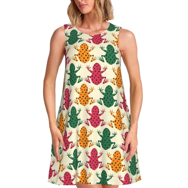 Balery Colorful Frogs Vestidos de verano para mujer con estampado: vestido holgado sin mangas, vestido playero informal y cómodo para días calurosos.