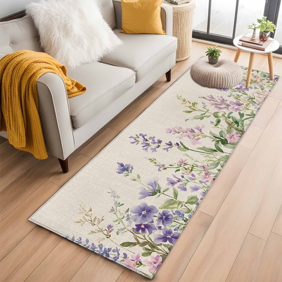 Flowers Lavender Runner Rug 2x6 FT,Non Slip Hallway Rugs,Retro Cottagecore Blooms Green Leaf Washable Soft Floor Carpet Throw Runner Carpet Long Rugs for Entryway Kitchen Bedside Sliding Door