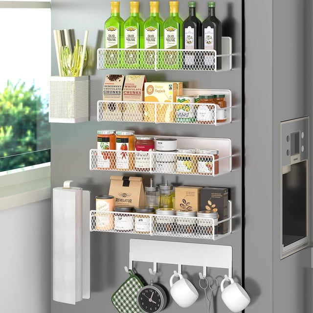 para especias para refrigerador, paquete de 7 estantes magnéticos 100% metal, organizador de especias de cocina con estante de gancho, soporte para toallas de papel, organizador de