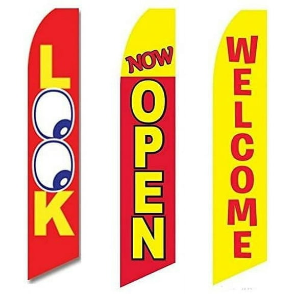 Three Swooper Flag Combo Look Now Open Welcome Red Yellow Advertising
