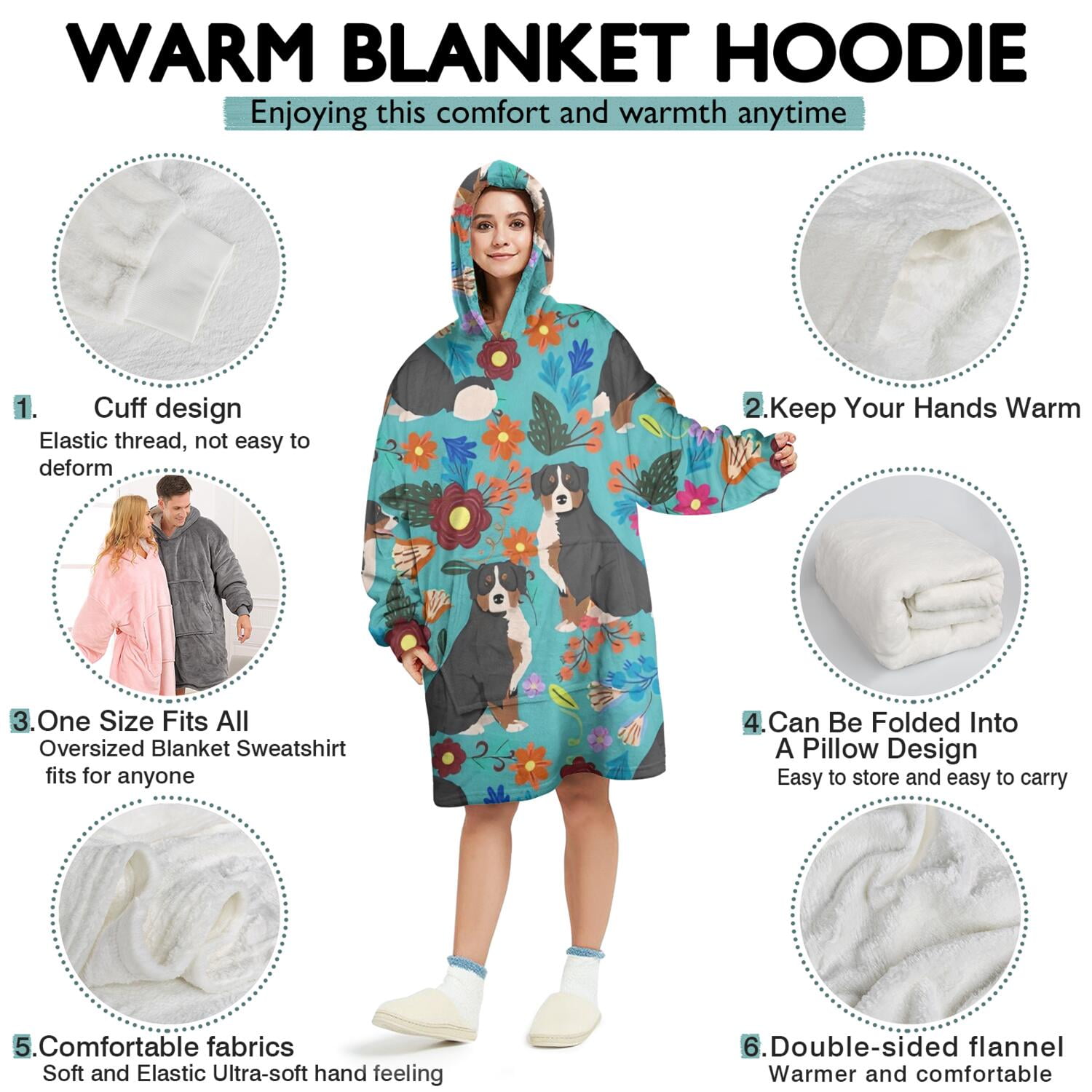 Wearable Oversized Blanket,Bernese Mountain and Flower Wearable Blanket Hoodie for Adults,Cozy Hooded Blankets with Super Pockets,Super Warm Fuzzy Pullover for Women & Men