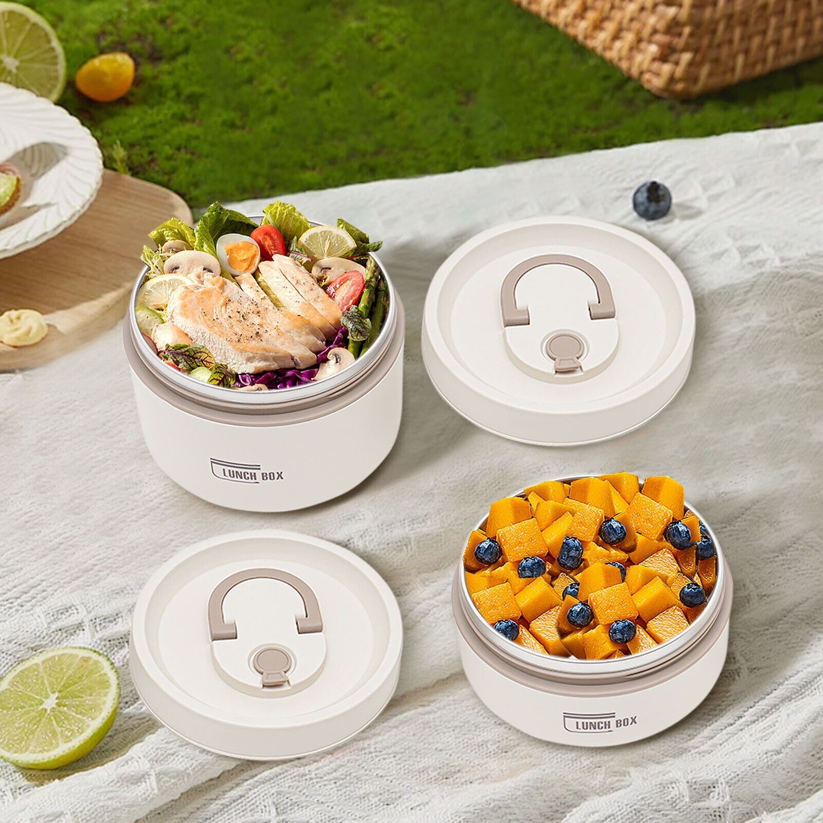 2PCS Round Lunch Box Portable Insulated Lunch Container Set Stainless Steel Bento Box