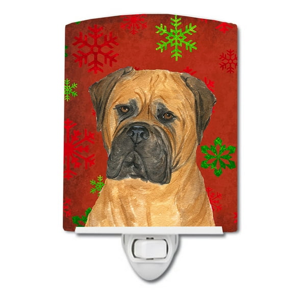 Caroline's Treasures SS4724CNL Bullmastiff Red and Green Snowflakes Holiday Christmas Ceramic Night Light, 6x4x3",