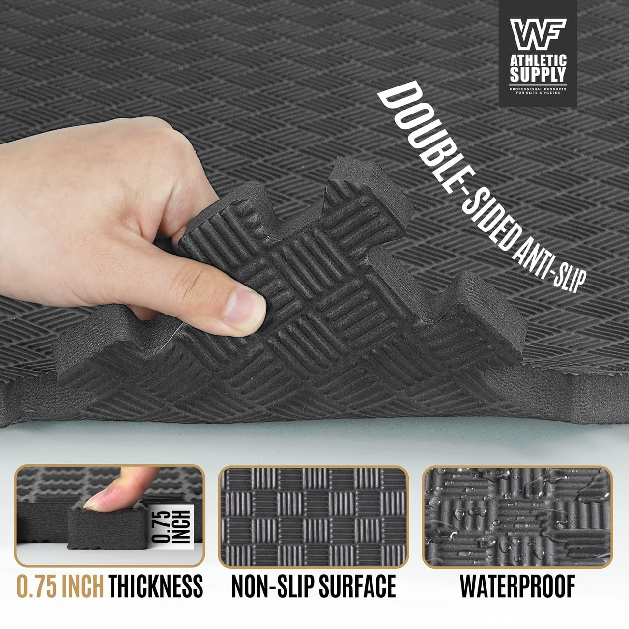WF Athletic Supply 72 SQ.FT Tatami Pattern 3/4-Inch Thickness Interlocking Exercise Foam Mats, Extra Thick Eva Foam Flooring Tiles, Gym Fitness Equipment Mat, Home Protective Flooring Cushion, Black