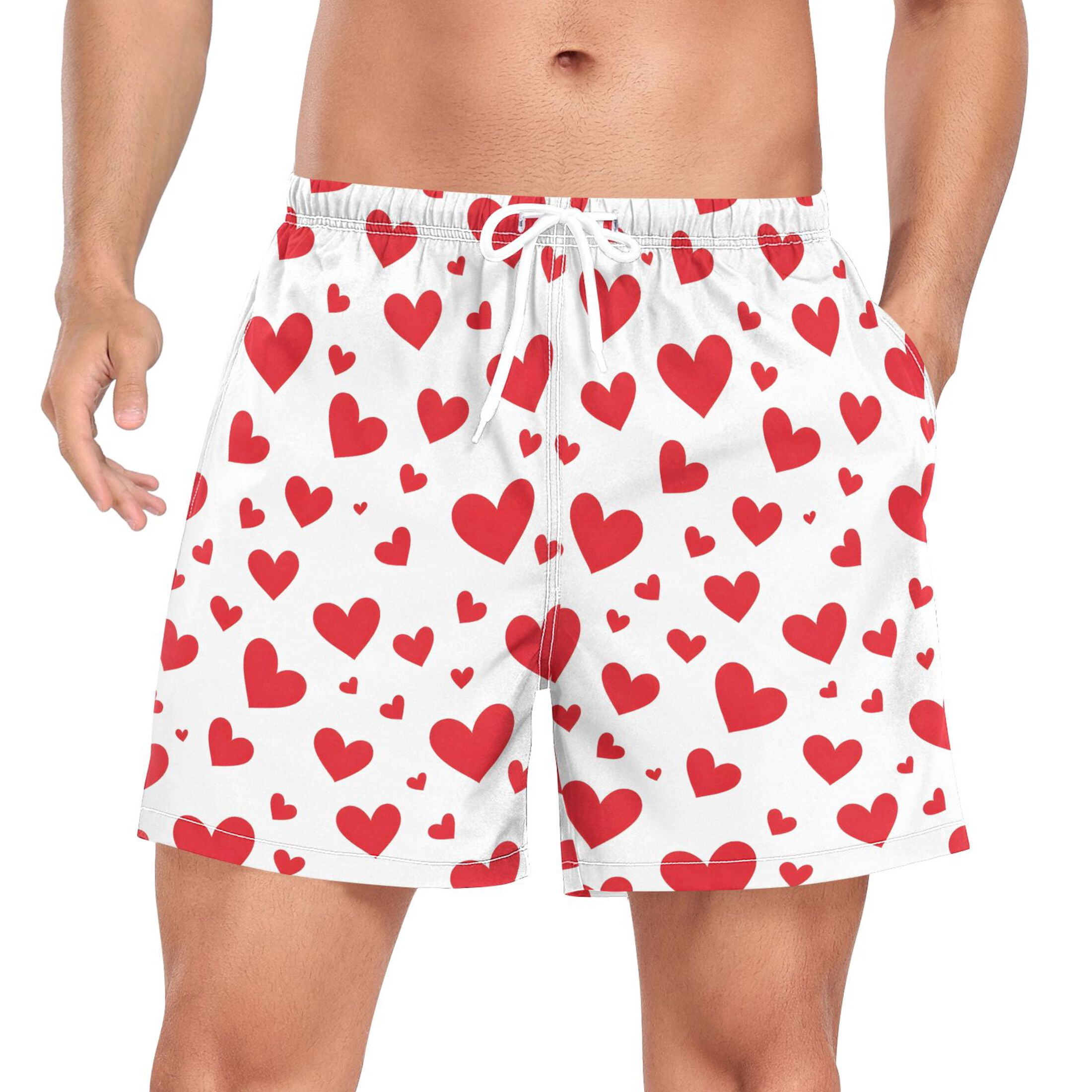 joogoo Men's Red Hearts Swim Trunks with Liner Pocket Beach Shorts M