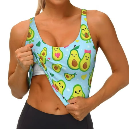 Qokaie Cartoon Avocado Pattern Womens Scoop Neck Sports Bra Breathable Workout Vest Padded U Back Medium Impact Fitness Gym Yoga Bra Workout Crop Top