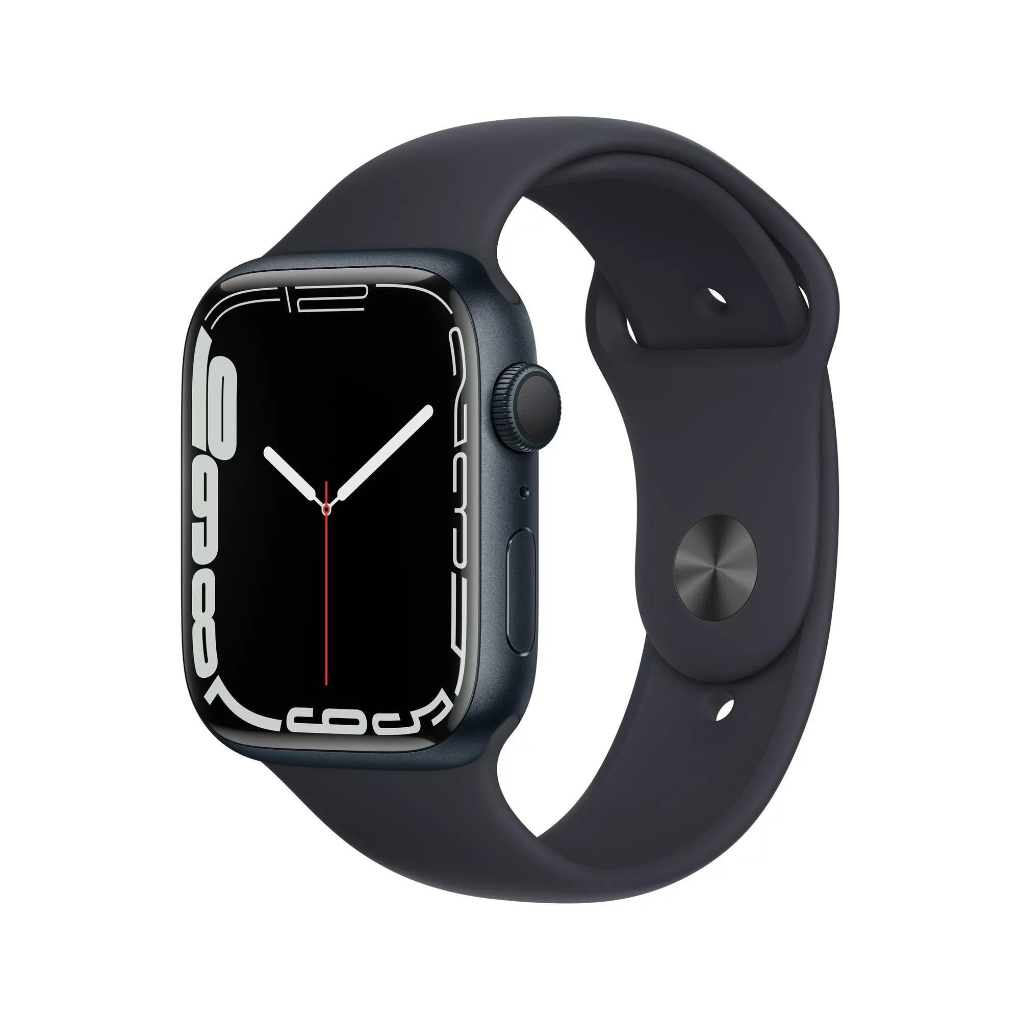 Restored Apple Watch Series 7 (GPS, 45 mm) Midnight Aluminum Case with Midnight Sport Band Bundle 5 Bonus Bands, Charging Stand, Screen Protector, & 2 amp charger (Refurbished)