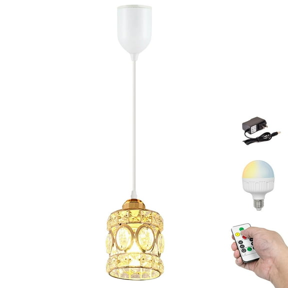 Kiven Battery Operated Pendant Light with Remote,1-Light Rechargeable Hanging Pendant Light Adjustable Height with Crystal Lampshade for Bedroom Kitchen Home Decor Gold TB2993