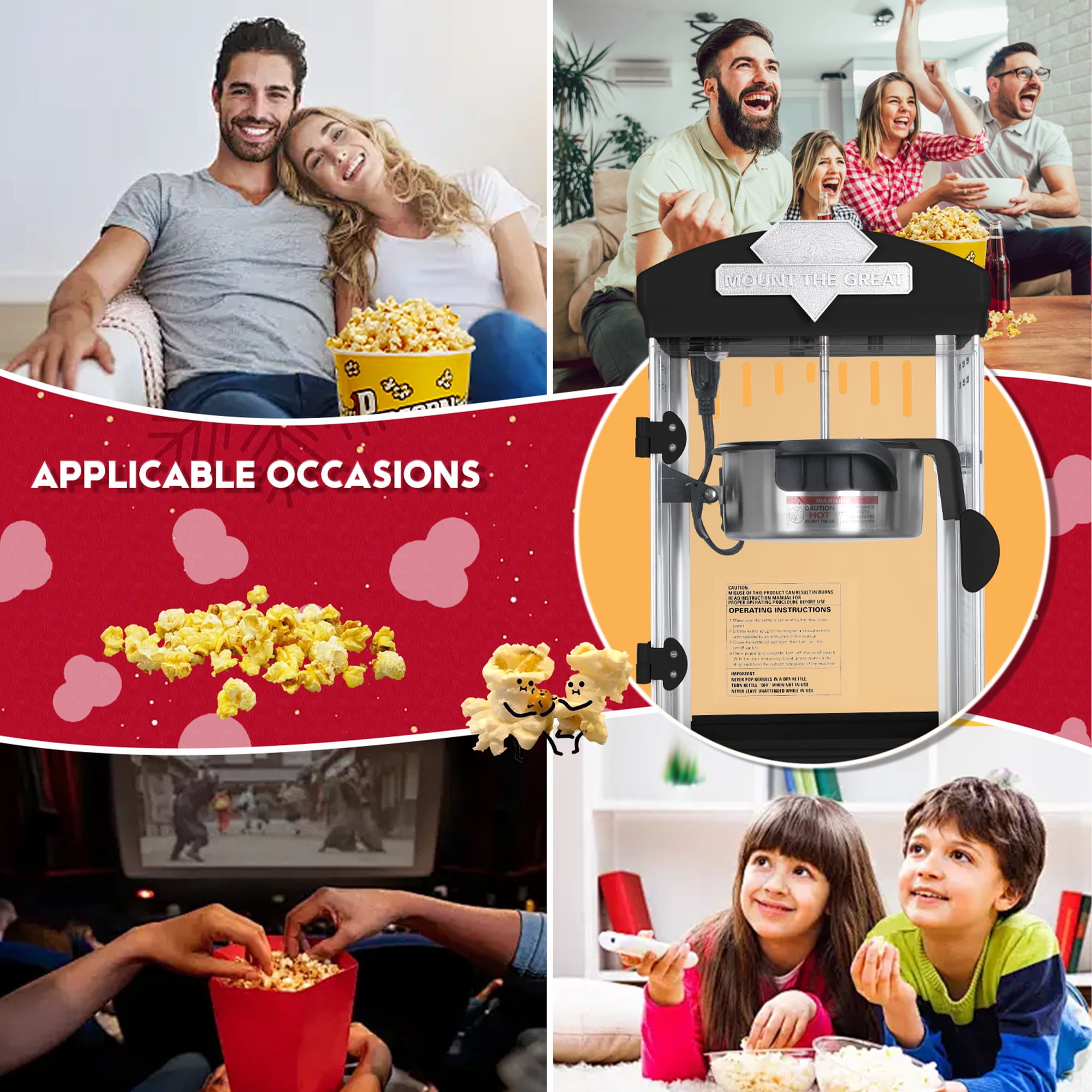 Yoneston 8 oz Commercial Countertop Popcorn Machine, 600W Kettle Popcorn Maker, Container Produces 2 Gallon per Cycle, Comes with 3 Ladles for Home Moive Parties, Black