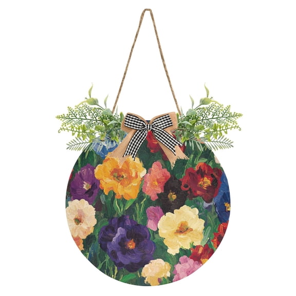 Colorful Flowers Oil Painting Front Door Porch Decoration Hanging Sign with Artificial Green Plants and Bow for Home Outdoor Indoor