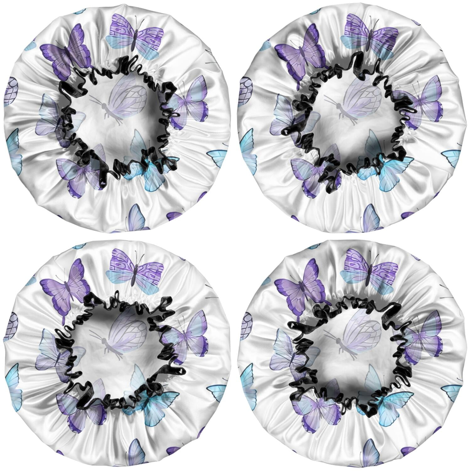 Shower Caps,White Blue Purple Butterfly Pattern Waterproof Shower Cap for Women 4 Pieces,Double Reusable Hair Cover for Shower PEVA Elastic Stretch Hem