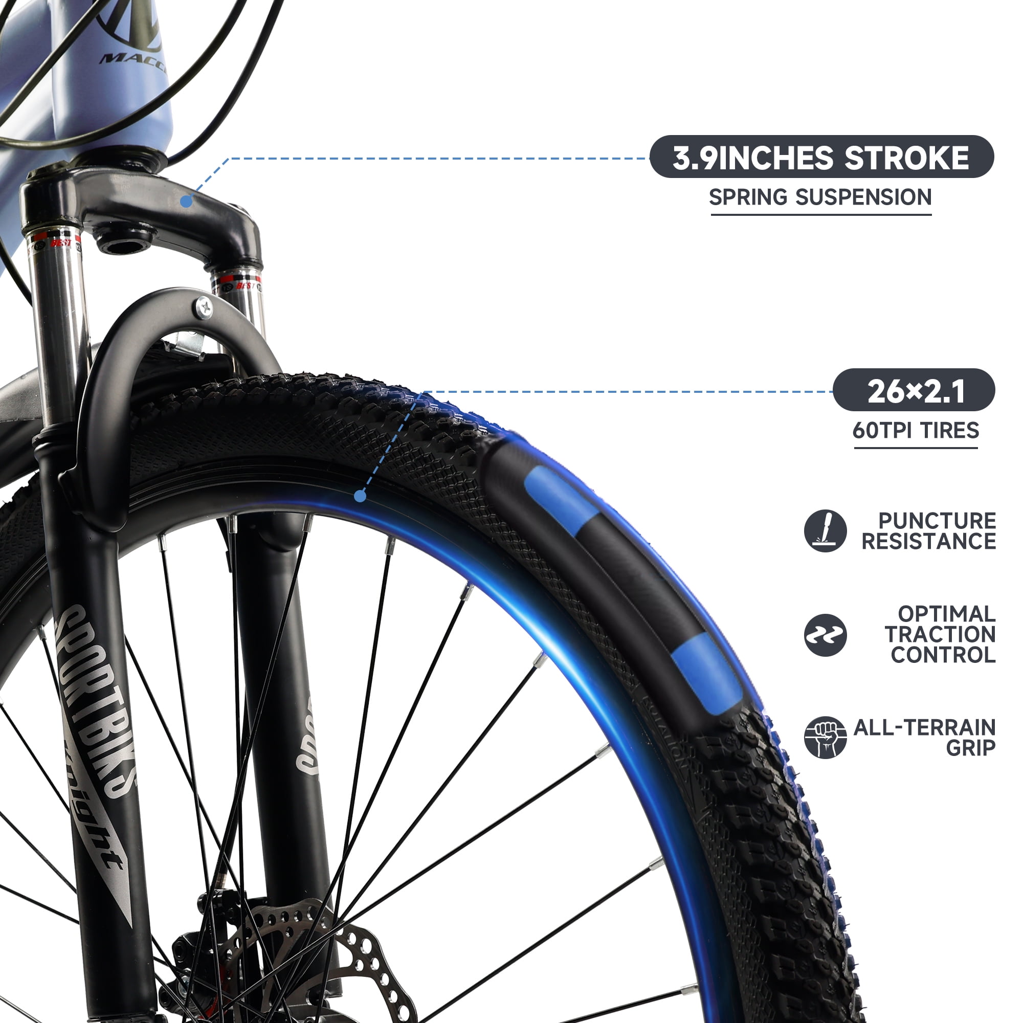 26 Inch Mountain Bike for Adult, 27-Speed Front Suspension High-Carbon Steel MTB Bicycle, Dual Disc Brake Bikes for Men Women, Silver, Blue, Gray and Red