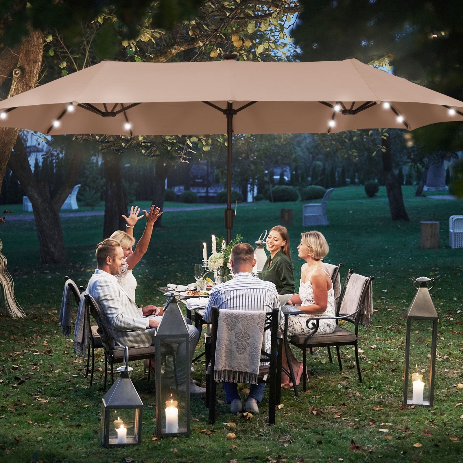 Ainfox 13ft Large Patio Umbrella with Solar Lights, Outdoor Double-Sided Rectangle Market Heavy Duty Umbrellas without Base,Khaki