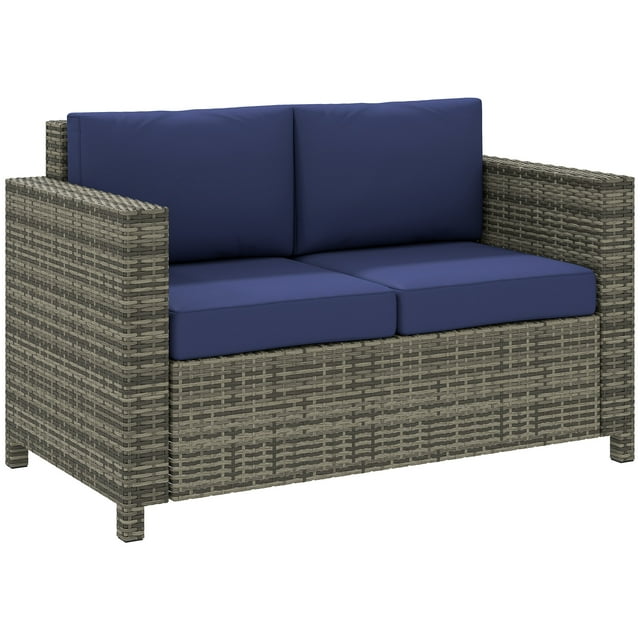 Outsunny Causeuse de Patio 2 Places, Fauteuil de Luxe en Osier, Bleu Foncé
