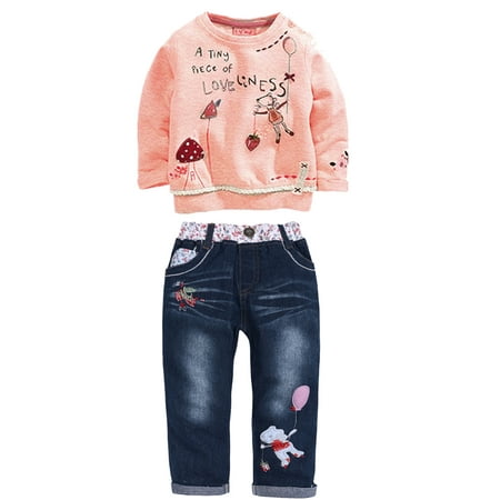 

1-6Y Kids Baby Girl s Long Sleeve Cartoon Pullover Tops Sweatshirt + Jeans Pants Outfit Set Fall Clothes