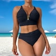 thumbnail image 5 of Levmjia Women's Two Piece Swimsuits Deep V Bikini Set Solid Color Tummy Control High Waisted Ruched Bathing Suits Beach Vacation, 5 of 8