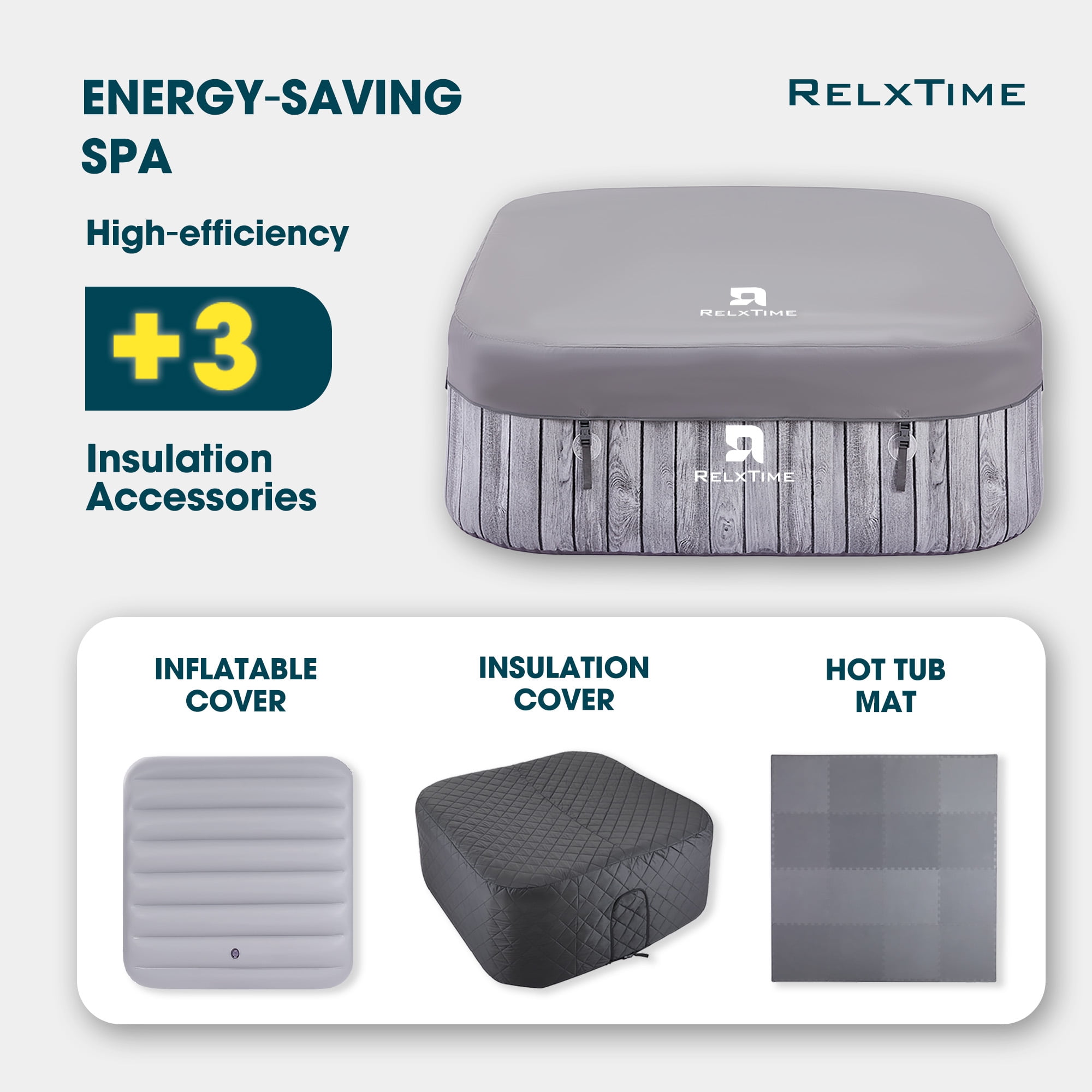 RELXTIME 73" 4-6 Person Inflatable Hot Tub Outdoor Square Spa with 130 Massage Jets, Pool Covers , Insulated Cover, Mat