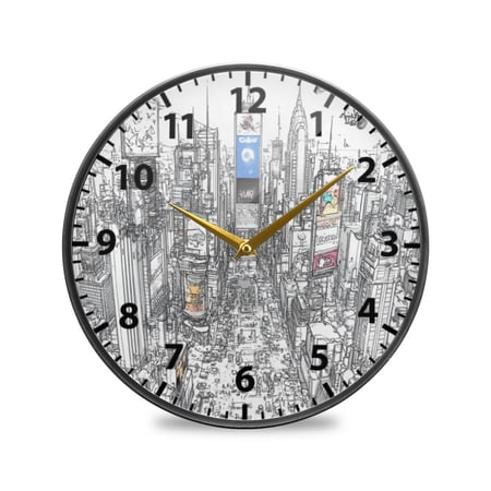Line Art City Wall Clock Modern Decor Acrylic Clock Golden Hands 9.5in