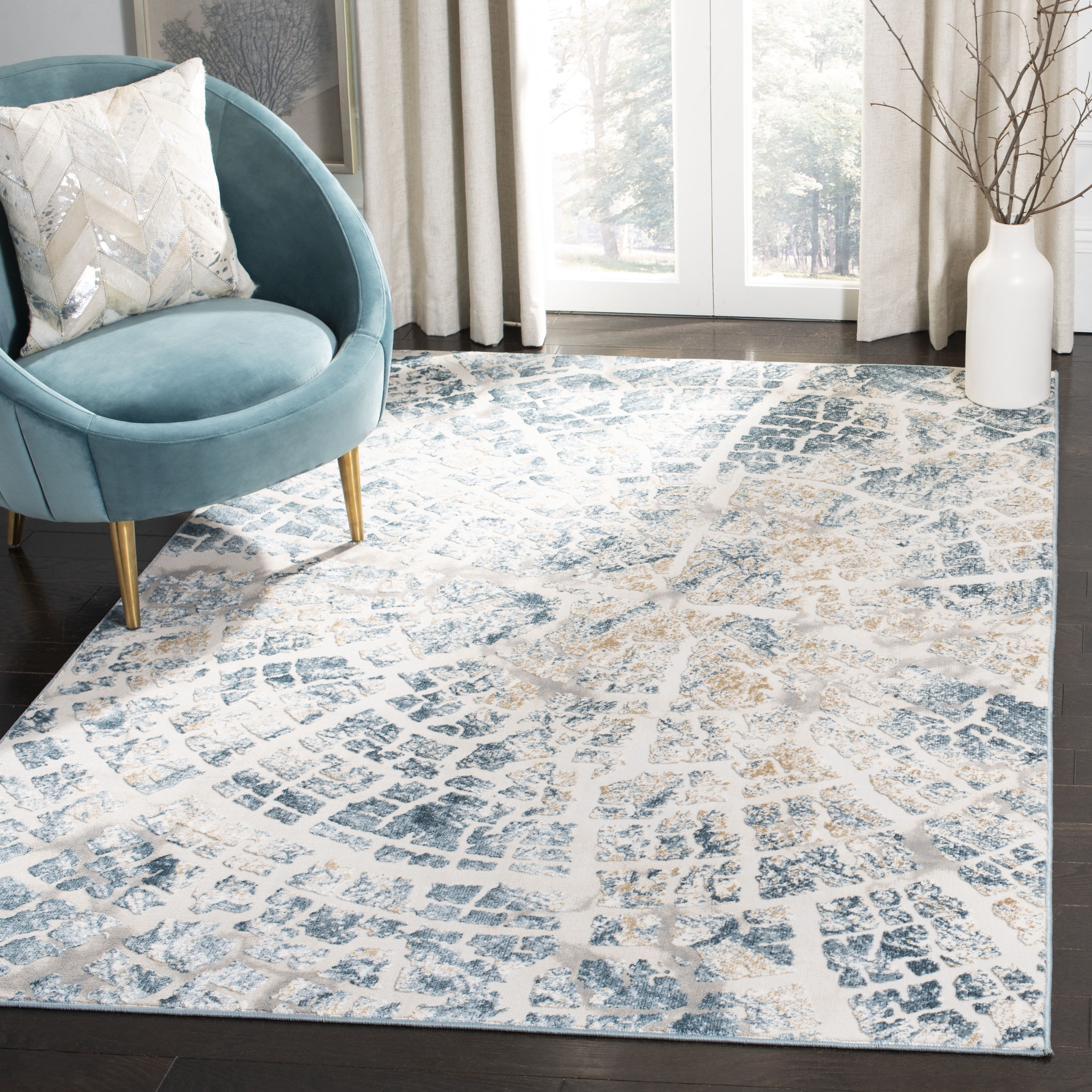 SAFAVIEH Vogue Zowie Abstract Area Rug, Ivory/Teal, 6'7" x 6'7" Square