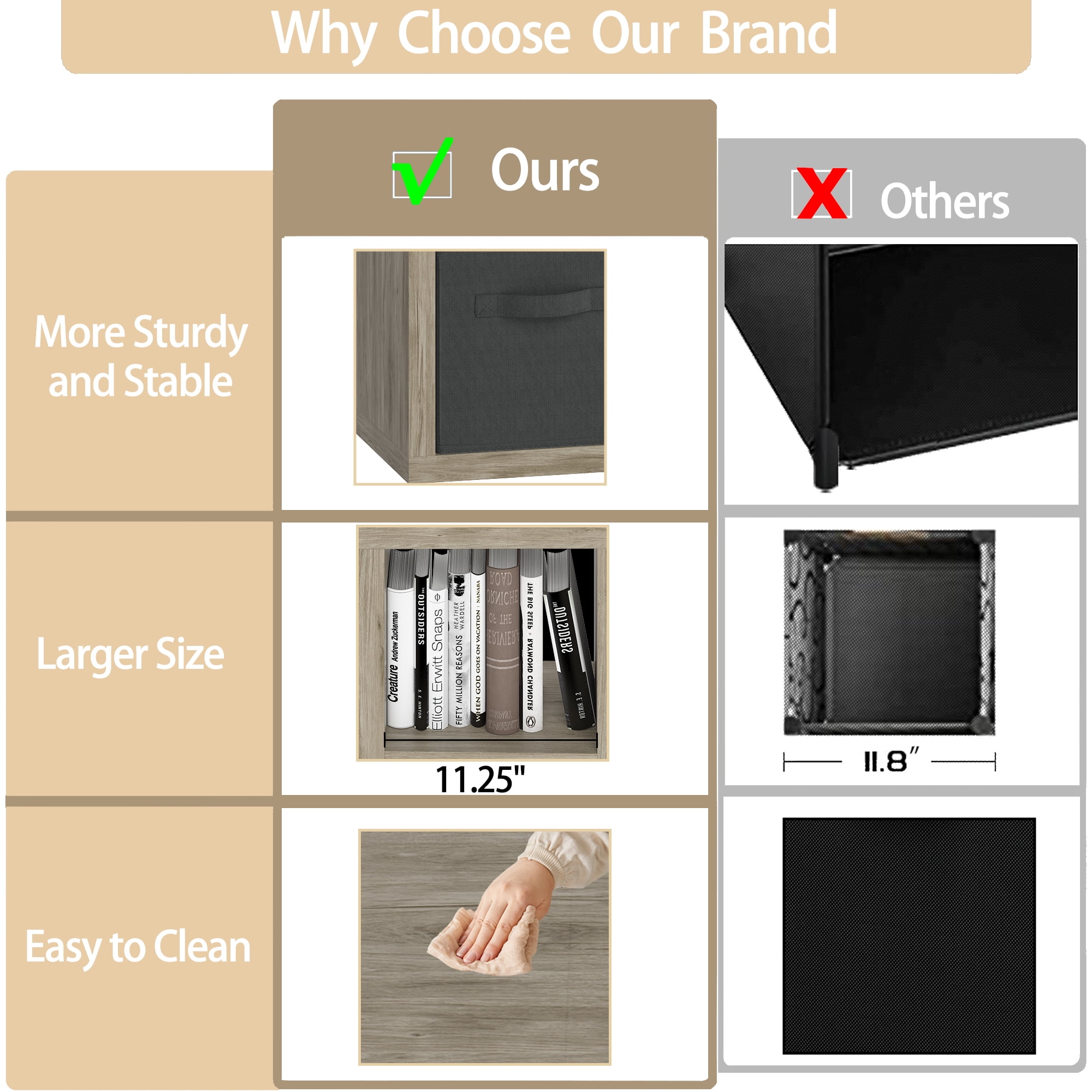 9 Cube Shelf, Closet Storage Organizers, Modern Open Bookcase with Bins, Multifunctional Display Cube Bookshelves for Living Room, Bedroom, Home Office, Gray Oak