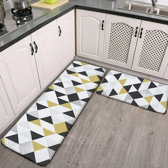 Abstract Geometric Gold Triangle Pattern Kitchen Rug Set 2 PCS Floor Mats Washable Non-Slip Soft Flannel Runner Rug Doormat Carpet for Floor Home Bathroom, 17" x 47"+17" x 24"-M