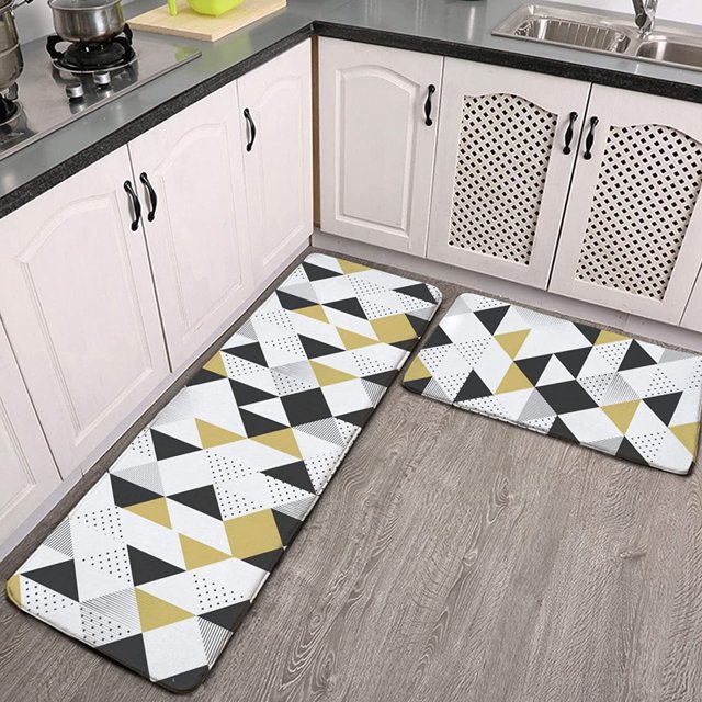 Abstract Geometric Gold Triangle Pattern Kitchen Rug Set 2 PCS Floor Mats Washable Non-Slip Soft Flannel Runner Rug Doormat Carpet for Floor Home Bathroom, 17" x 47"+17" x 24"-M